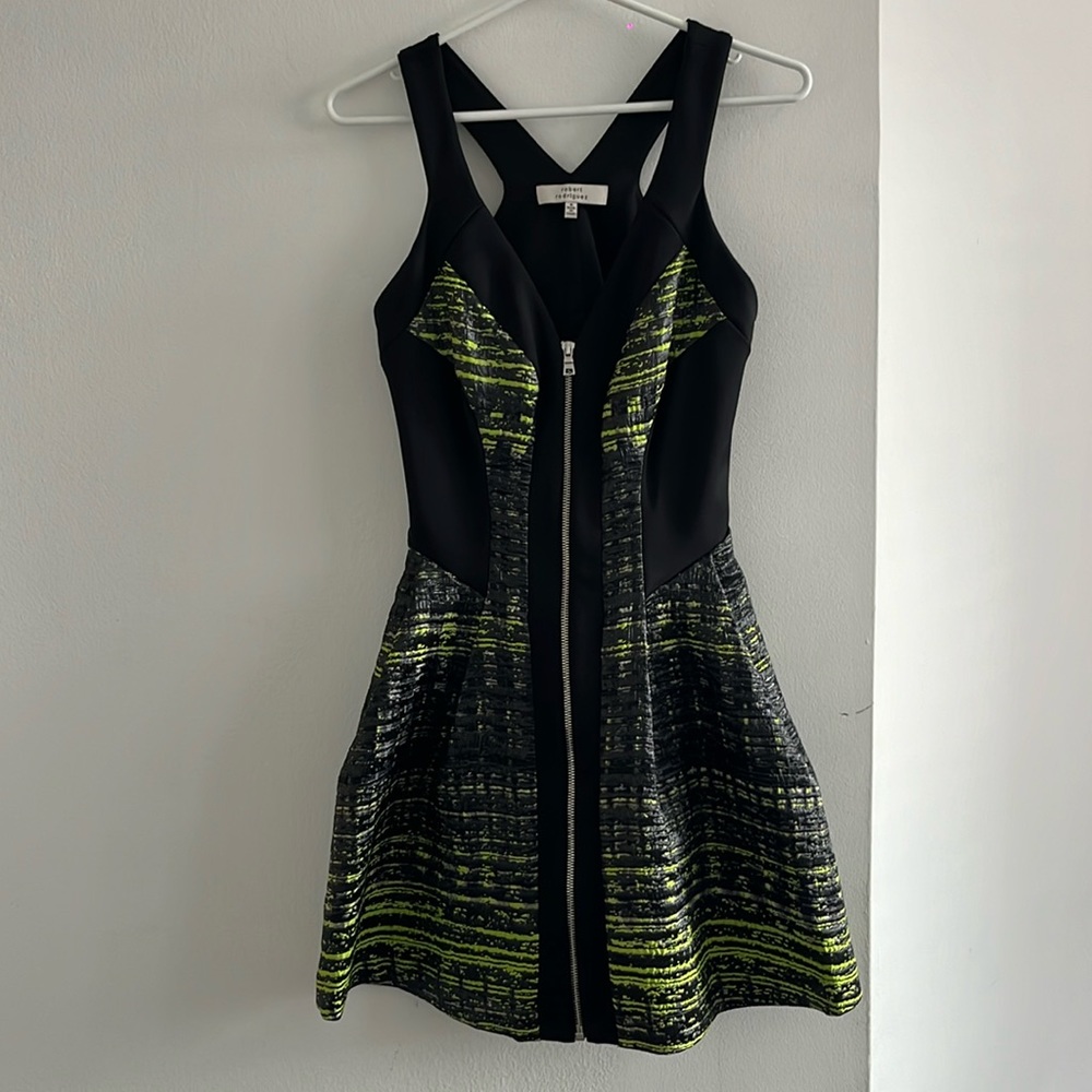 Robert Rodriguez Black and Lime Green Neoprene & Tweed Dress Size 6